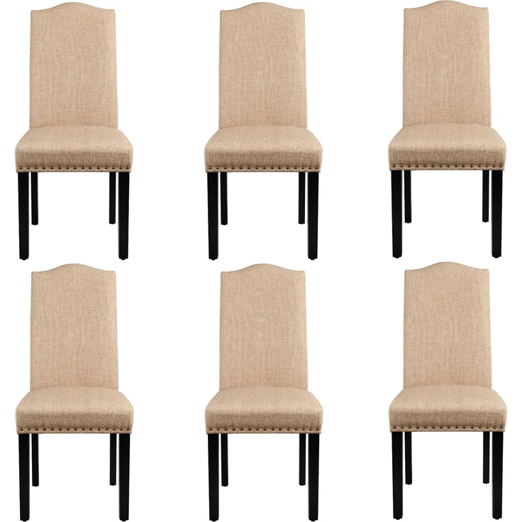 Yaheetech Esszimmerstühle 6er Set Küchenstuhl mit Hoher Rückenlehne Moderne Stühle für Küche und Esszimmer, Beine aus Massivholz, gepolsterte Sitzfläche aus Leinen bis 136 kg Belastbar, Khaki