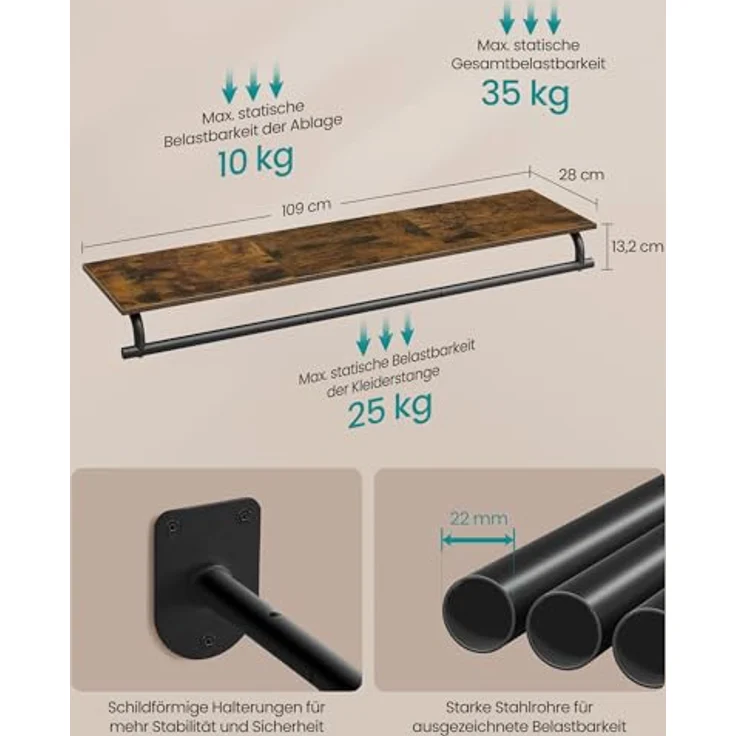 SONGMICS Wandgarderobe, Garderobe, Wandregal mit Kleiderstange, Gesamtbelastbarkeit 60 kg, 28 x 109 x 13,2 cm, für Schlafzimmer, Ankleidezimmer, vintagebraun-tintenschwarz HSRDE135B01 – Bild 6