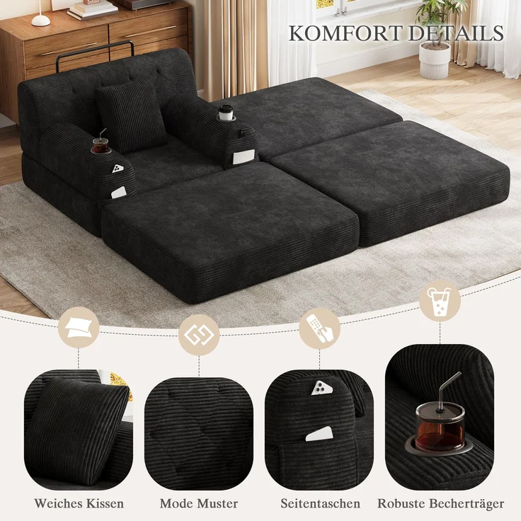 ZUBALIYA Schlafsofa 162x81 cm, mit Stauraum, mit Samtbezug, mit Cordbezug, mit Knopfheftung, mit breiten Armlehnen, Schwarz – Bild 5