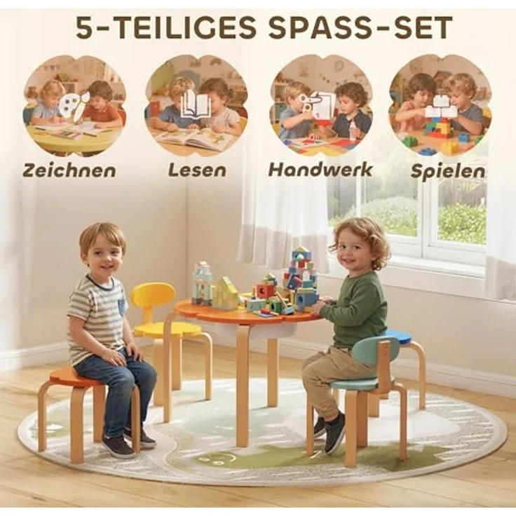 AIYAPLAY Kindersitzgruppe für Kinder von 3 bis 8 Jahren, (Kindermöbel, 5-tlg, 5-teiliges Set mit Tisch, Stühlen und Hockern), Blumenform, Mehrfarbig – Bild 3