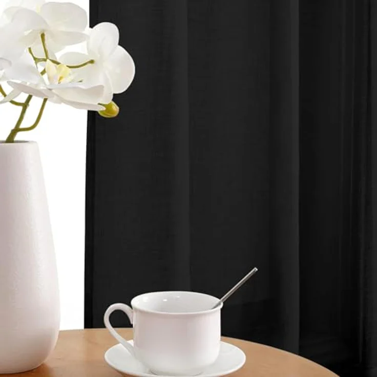 CUCRAF Leinen Voile Vorhänge mit Ösen Lichtfilterung Gardine für Schlafzimmer Wohnzimmer, Schwarz, H245 x B140cm 2er Set – Bild 5