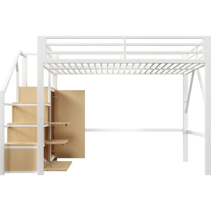 U-life Metall-Hochbett 140x200 cm mit Kleiderschrank, Staufächern, Treppe und LED-Beleuchtung, Weiß – Bild 9