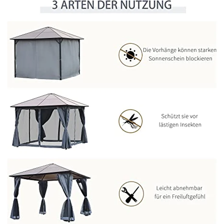 Outsunny Pavillon 3 x 3m, Gartenpavillon mit PC Dach und Seitenteilen, pulverbeschichtetes Aluminium, dunkelgrau – Bild 5