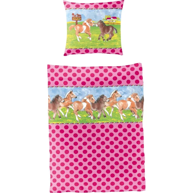 Bierbaum Wende Kinder Renforcé Bettwäsche 2 teilig Bettbezug 135 x 200 cm Kopfkissenbezug 80 x 80 cm rosa Pony