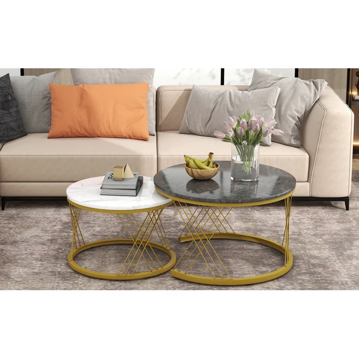 Nesting Couchtisch Set marmoroptik, 2-teilig, 70/45x70/45 cm, grau+gold – Bild 4