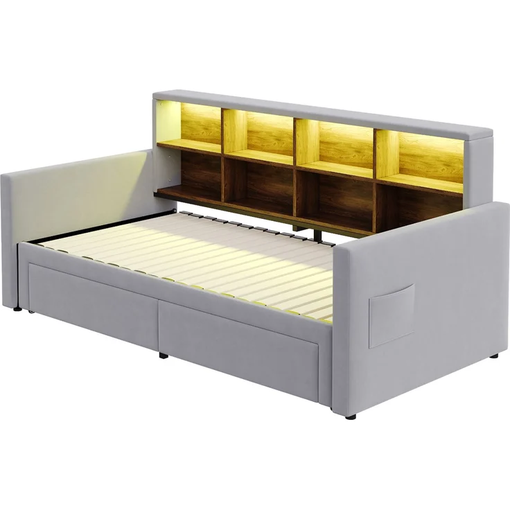 Merax Einzelbett Daybett 90/180 x190cm Ausziehbares Polsterbett Schlafsofa, Kopfteil mit integrierten Staufächern, LED-Lichtleiste und Ladesteckdosen, Mit 2 Schubladen, Samt Hellgrau – Bild 7