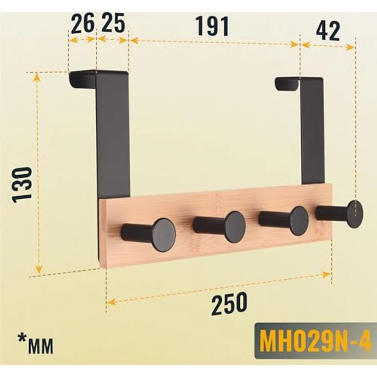 RICOO Garderobenleiste Tür Hakenleiste Hängegarderobe Türhakenleiste aus Bambus Stahl 4 Haken (1-er Set / 1 Stk. / MH029N-4, 1 St, Türgarderobe Garderobenhaken Tür Hakenleiste Platzsparende Garderobe), Garderobe ohne Bohren Kleiderhaken Tür bis max 23m... – Bild 7