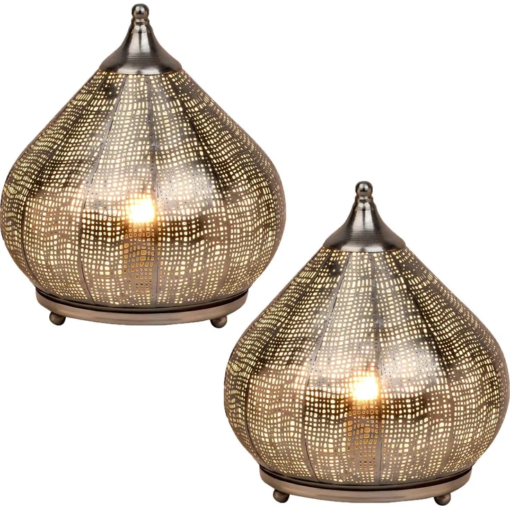 Marrakesch Orient & Mediterran Interior Nachttischlampe 2er Set Orientalische Deko Tischlampe Nachttischlampe Lampe Silber, Leuchtmittel nicht im Lieferumfang enthalten, Handarbeit – Bild 1