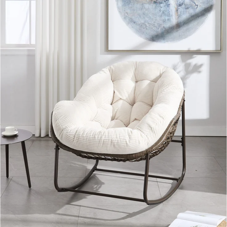 Schaukelstuhl 78 x 106 x 90 cm in Weiß – handgewebtes Rattan, Stahlrahmen und ergonomische Form – Bild 3