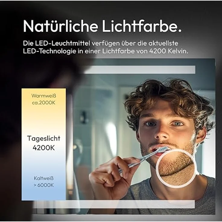 Talos King Badspiegel mit Beleuchtung, LED Badezimmerspiegel 120x60 cm, Wandspiegel mit beleuchtetem Kosmetikspiegel, Digitaluhr und neutralweißem Licht – Bild 4