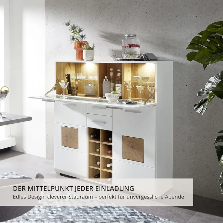 Kommode Barschrank Theke Sideboard Getränke ca. 120 x 129 x 37 cm FUN PLUS Weiß/Eiche Altholz Nb. – Bild 4