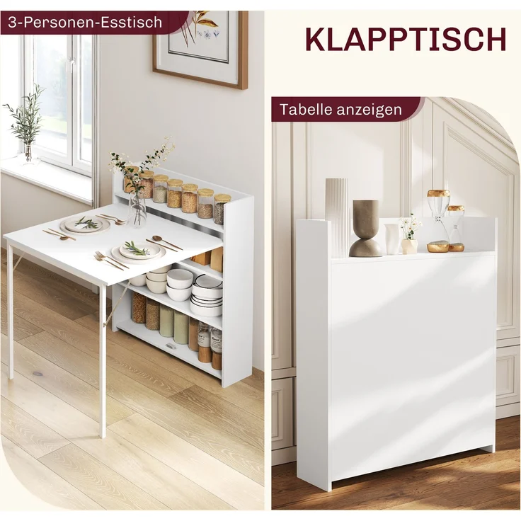 MELAYR, Klappbarer Esstisch, für kleine Räume geeignet, mit 4 diskreten Regalen, 91 x 78.5 x 93 cm, Weiß – Bild 6