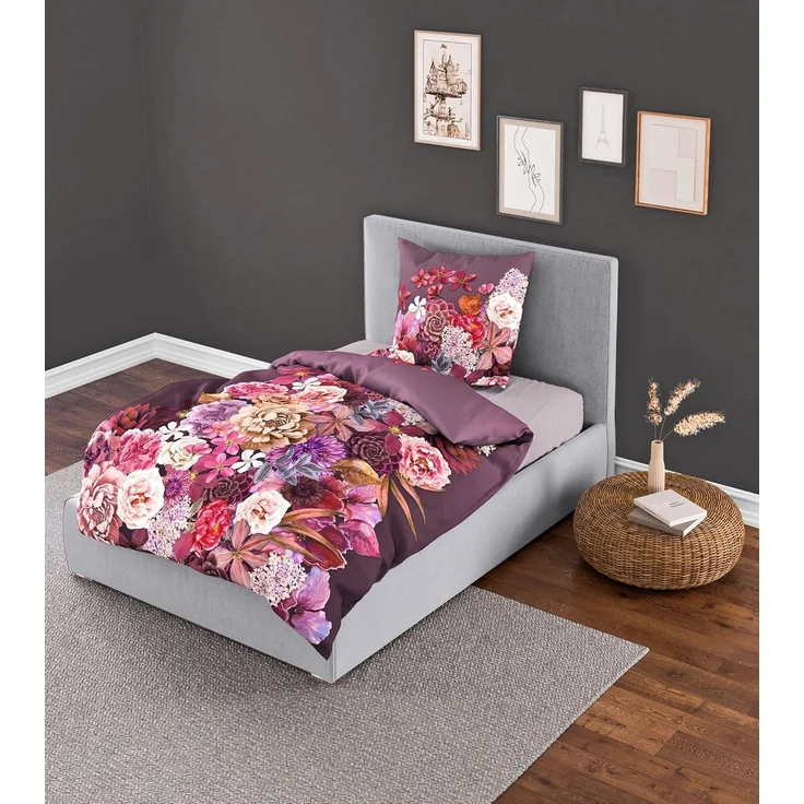 JACK Wendebettwäsche 135x200cm Digitaldruck Blumen Blüten Lila, Mako-Satin, 2 teilig, seidiger Glanz, elegantes Motiv in Violett – Bild 2