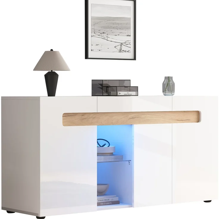 ZUBALIYA Sideboard 140x40x70 cm, mit LED-Beleuchtung, mit App-Steuerung, Hochglanz, aus Spanplatte, Weiß / Natur – Bild 15