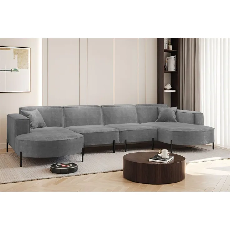 Wohnlandschaft U-Form Sofa VALENCIA XL in Stoff Noel Grau
