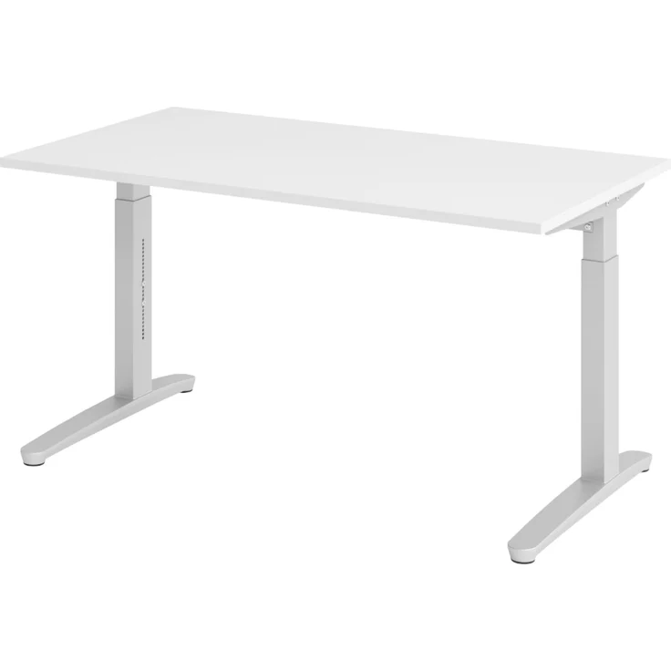bümö manuell höhenverstellbarer Schreibtisch 140x80 in weiß, Gestell in silber - PC Tisch höhenverstellbar & klein, höhenverstellbarer Tisch Büro, kleiner Computertisch verstellbar, X14-W-SS – Bild 1