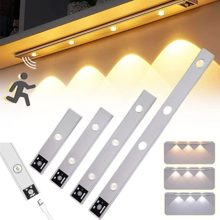 Jibenhome LED Unterbauleuchte Schrankbeleuchtung mit Bewegungsmelder, Dimmbar 3 Farb Schranklicht, USB Aufladbar Schrankleuchten,Lichtleiste mit Sensor Nachtlicht Treppe – Bild 4