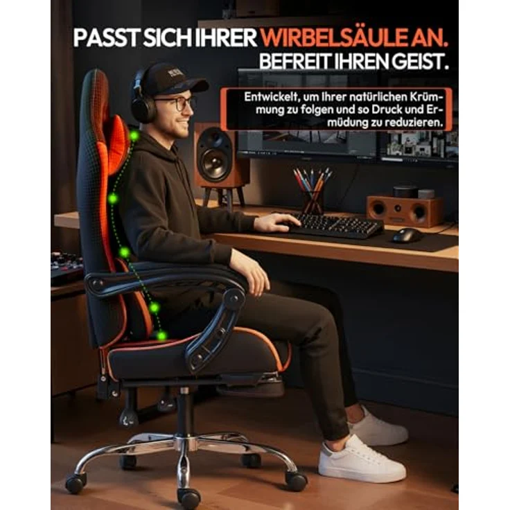 Dowinx Gaming Stuhl Bürostuhl Massage Gaming Sessel mit höhenverstellbaren Linkage-Armlehnen, ergonomischer Gamer Stuhl mit Fußstütze, gepolstert Gaming Chair 150° neigbar bis 180 kg, Rot – Bild 9