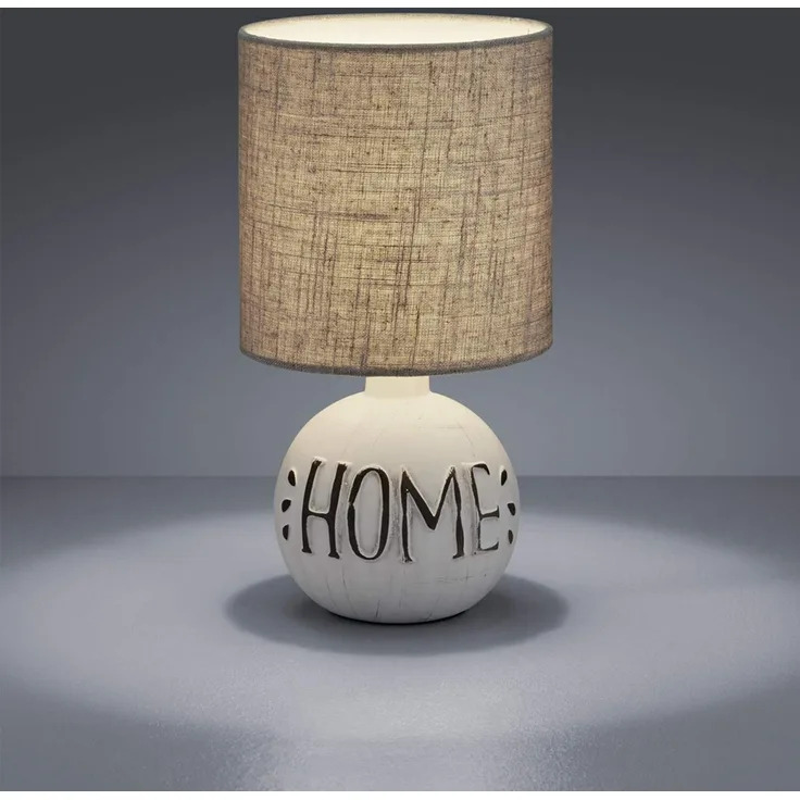 LED Tischleuchte Keramik-Sockel Schriftzug HOME Stoffschirm Braun, Höhe 31cm