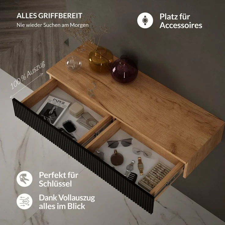 Planetmöbel Garderoben-Set AMYRA, (Konsolentisch 100 cm, inkl. Spiegel mit Beleuchtung rund 80x80 cm), Wandkonsole & Wandspiegel Flur Set – Bild 3