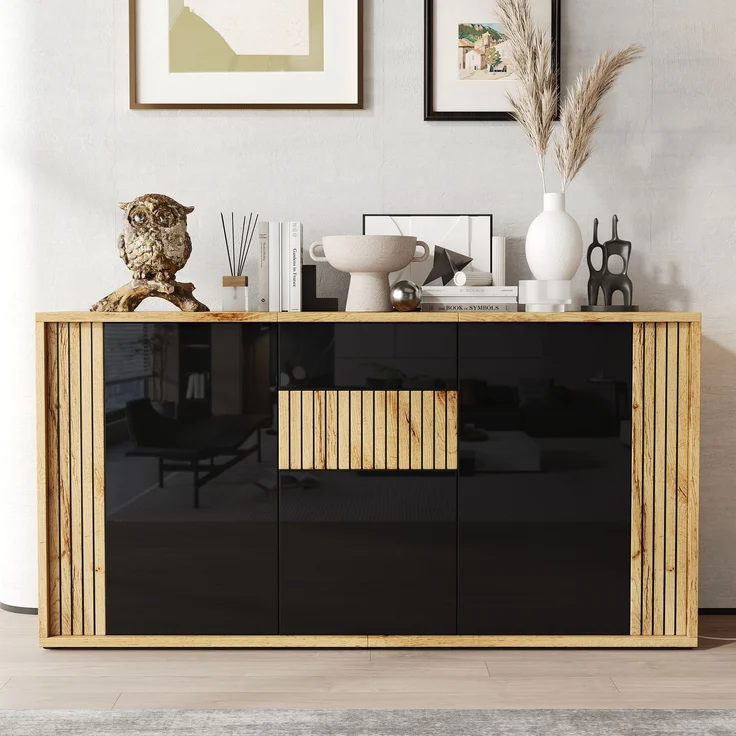 ZUBALIYA Sideboard 140x35x71 cm, mit 3 Türen, aus MDF / Spanplatte, Schwarz / Natur – Bild 2