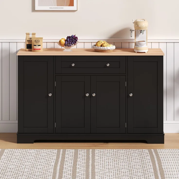 Buffet-Anrichte 138x40x85 cm mit Schublade, Regaltüren und verstellbaren Einlegeböden in Schwarz