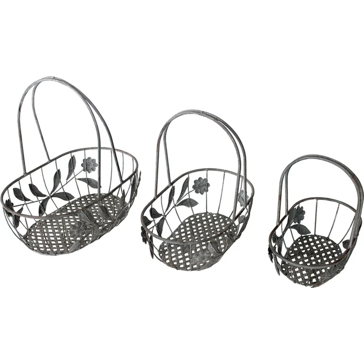 Deko-Korb-Set Blumenkorb Eisenkorb Obstkorb Gitterkorb Garten 3tlg. Antik Grau