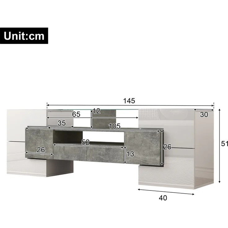 TV-Schrank 145 cm Hochglanzweiß und Beton mit LED-Beleuchtung, 6 Türen, 2 Schubladen, 3 offene Fächer – Bild 9