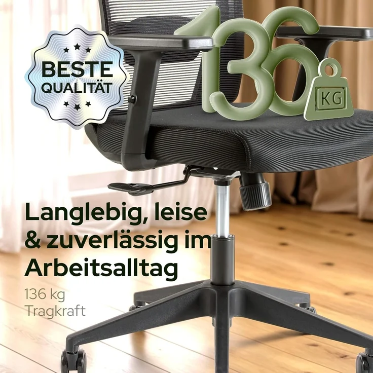 Arebos Bürostuhl Ergonomischer Schreibtischstuhl Wippmechanismus von 90° bis 125° (1D-verstellbare Armlehnen für mehr Komfort), Bis 136 kg belastbar: Stabil & alltagstauglich – Bild 9