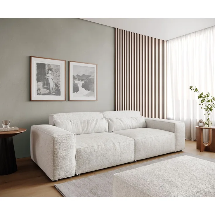 Big-Sofa Sirpio 230x95 cm Bouclé Creme-Weiß mit Hocker