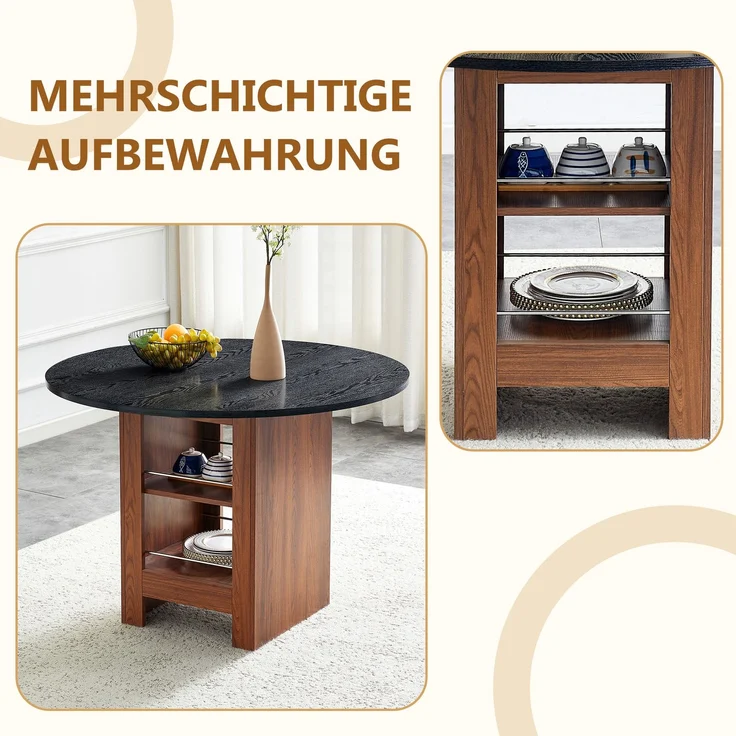 Esstisch 100x100x76 cm in Walnuss-Optik mit schwarzer Strukturplatte und offenen Stauraumfächern – Bild 8