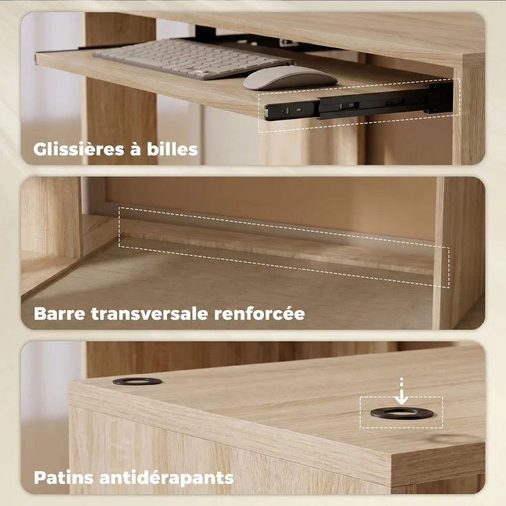 Eckschreibtisch, 120 x 100 x 76 cm, L-förmiger Computertisch mit Tastaturablage, 4 offene Fächer, natur – Bild 8