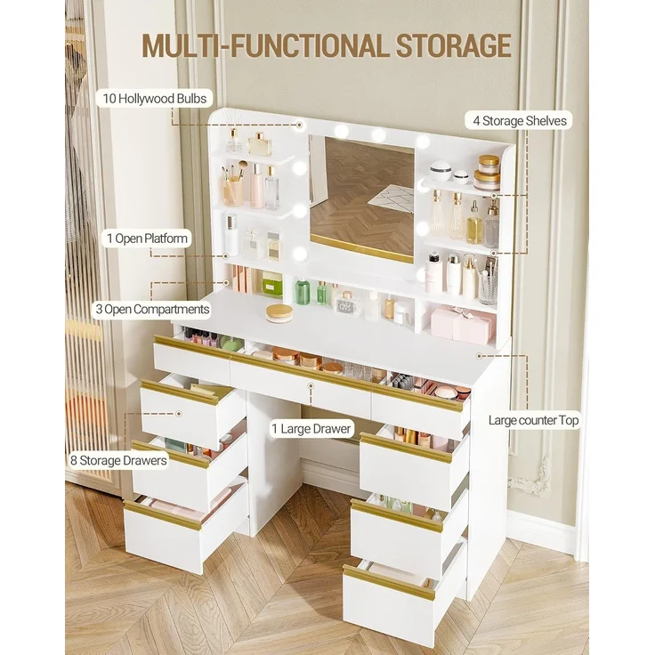 Großer Schminktisch mit LED-Beleuchtung, 10 LED-Lichtkugeln, 3 Farben, einstellbare Helligkeit, Schminktisch mit Spiegel, 9 Schubladen, 9 offenen Ablagen, moderner Stil, Weiß-Gold – Bild 3