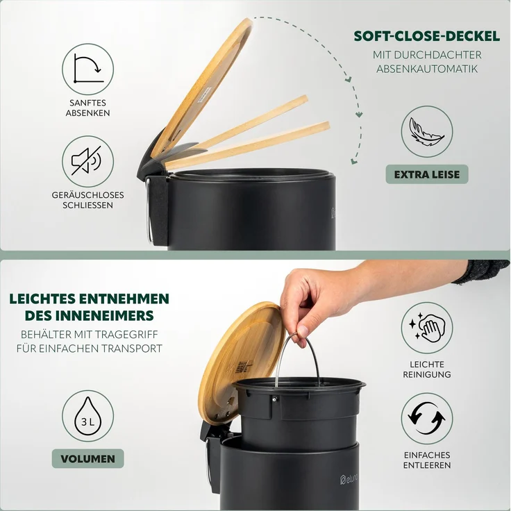 eluno Kosmetikeimer Treteimer 3 Liter aus Bambus und Metall – Bild 3