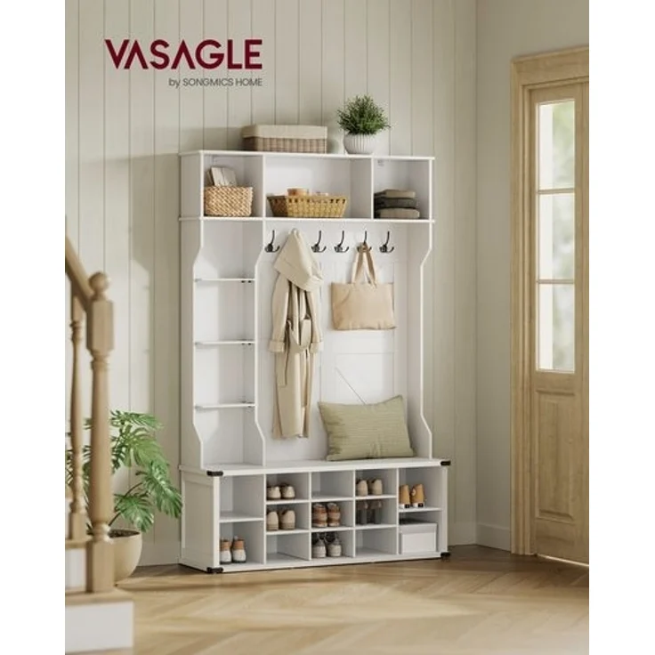VASAGLE Kleiderständer, Garderobe, Eingangsmöbel mit Schuhregal, verstellbare Ablagen, 20 offene Fächer, 6 Dreifach-Haken, Landhausstil, freistehend, für Eingangsbereich, Flur, wolkenweiß HSRDE440W03 – Bild 2