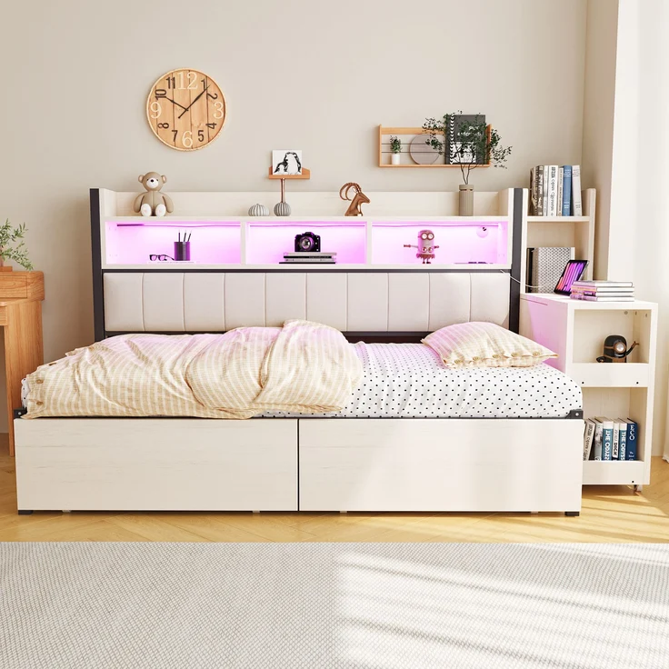 Bett 90x200 cm mit Stauraum und ausklappbarem Schreibtisch – Weiß, Metall & Holz – Bild 2