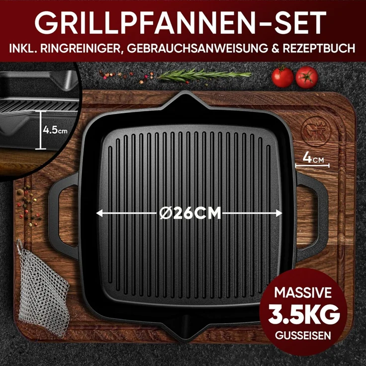 Grill-Feuerpfanne 26 cm Gusseisen – mit 2 Henkeln, Grillrost-Struktur, Ringreiniger & Rezeptheft, induktionsgeeignet & eingebrannt – Bild 10
