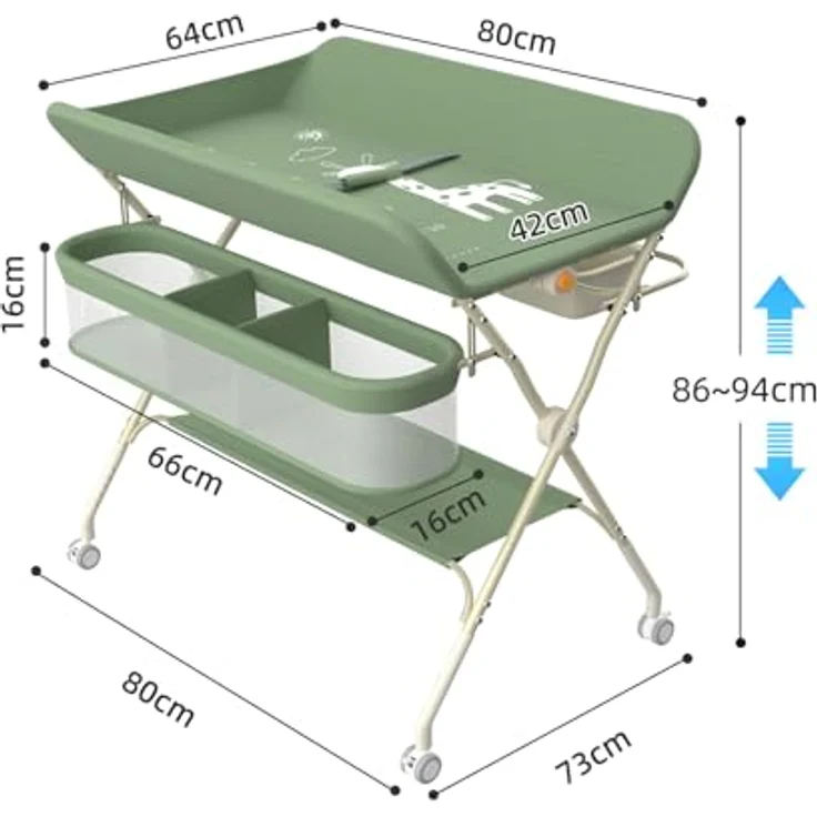 Wickelstation für Baby, Wickeltisch, faltbar, tragbar, Wickeltisch, faltbar, tragbar, mit Aufbewahrungskorb, maximale Belastung von 25 kg,75 x 68 x 83–91 cm (Grün) – Bild 6