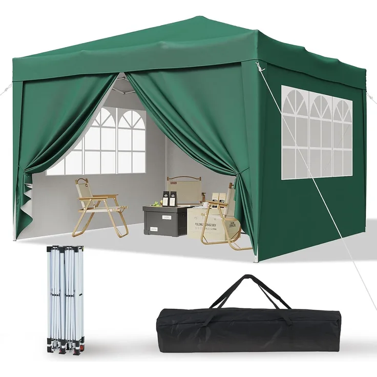 Aoxun Pop Up Pavillon 3x3 Wasserdicht mit 4 Seitenwänden, Metallrahmen-Schutzzelt, Höhe Verstellbar, 3mx3m Faltpavillon mit Tragetasche für Camping Party, Grün