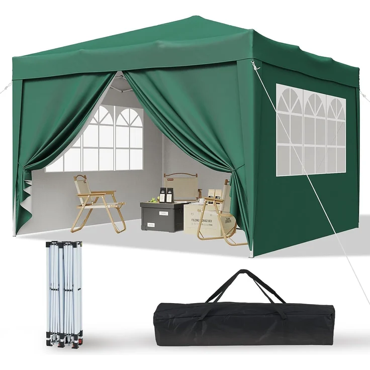 Aoxun Pop Up Pavillon 3x3 Wasserdicht mit 4 Seitenwänden, Metallrahmen-Schutzzelt, Höhe Verstellbar, 3mx3m Faltpavillon mit Tragetasche für Camping Party, Grün – Bild 1