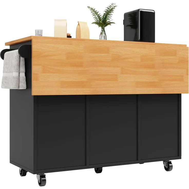 Kücheninsel mobil ausklappbare Tischplatte 122 cm mit 8 Schubladen Rollen Spanplatte,Schwarz & Holzoptik – Bild 9
