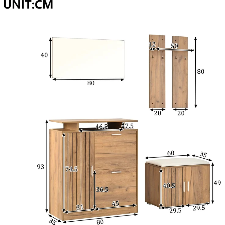 Flur-Garderoben-Set, Wandgarderobe; Garderoben-Set mit Schuhbank und Schuhschrank, 1 Spiegel, 4 Haken, 5 Türen, natural, B140× T35 × H133 cm – Bild 8