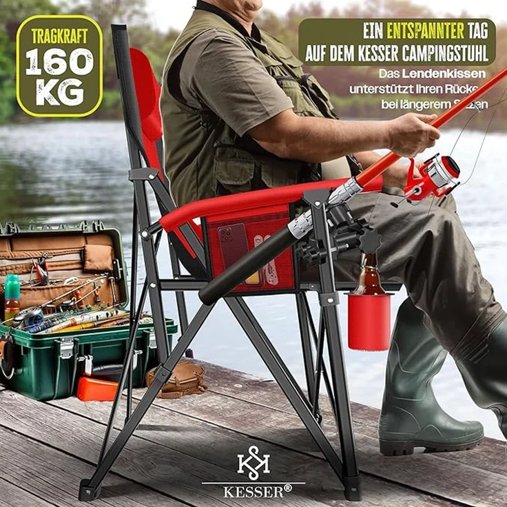 KESSER® Campingstuhl faltbar bis 160 kg, Klappstuhl, Gepolstert mit Armlehnen, Campinglicht und Getränkehalter + Tasche mit hoher Rückenlehne, mit Angelhalterung, Rot / Schwarz, 95 x 65 x 59 cm – Bild 6