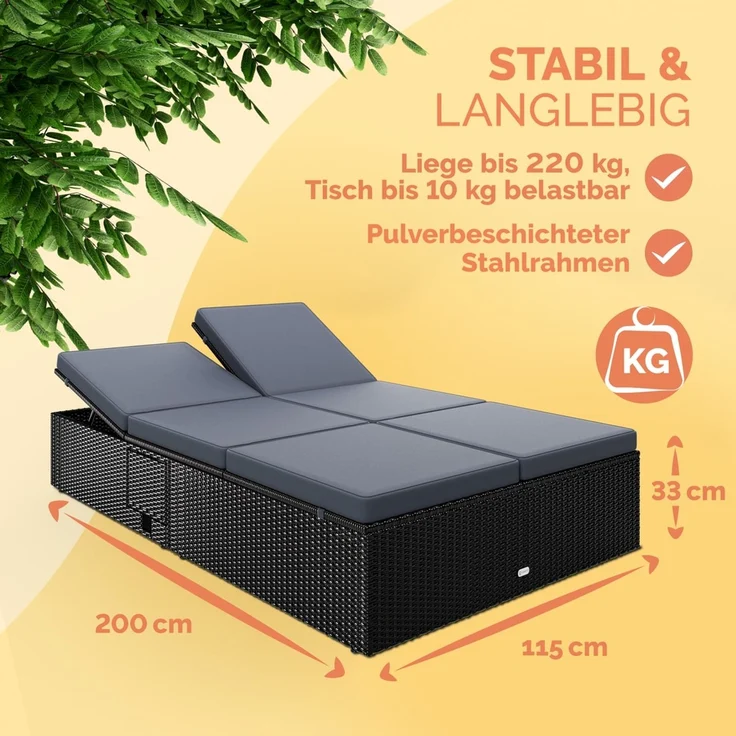 CASARIA® Sonnenliege 2 Personen Klapptisch Schwarz Anthrazit – Bild 3