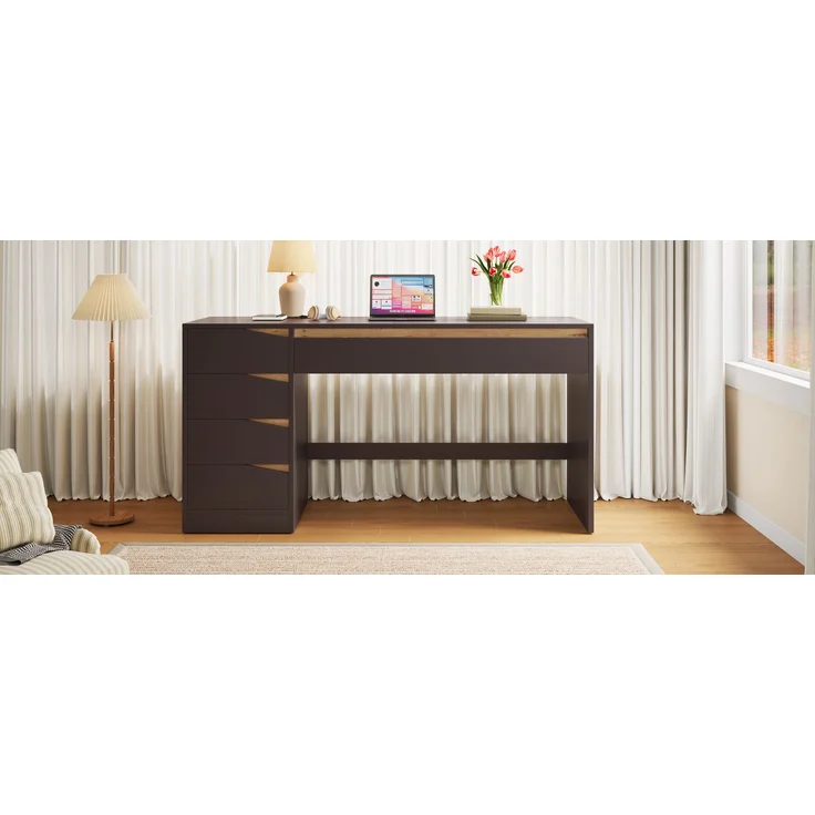 ZUBALIYA Schreibtisch 140x50 cm mit 5 Schubladen, Grau /Eiche-Optik, Moderner Computertisch mit extra großer Arbeitsfläche, Schminktisch mit Stauraum, Bürotisch für Homeoffice, Schlafzimmer und Arbeitszimmer – Bild 14