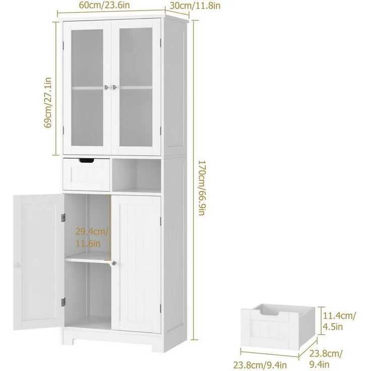 HOMECHO Hochschrank Badezimmerschrank Badschrank mit 4 Türen 2 Schubladen Weiß – Bild 2