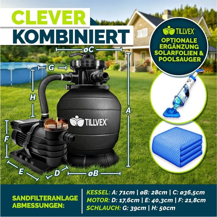 tillvex Sandfilteranlage tillvex Sandfilteranlage 13.200L/h mit 1200g Filterbällen + Pumpe (Poolfilter Selbstansaugend Sandfilter Schwimmbecken, Filteranlage 7-Wege Ventil & 2in1 Adapter Ø32-38mm), Pool 13.200L/h bis 40.000L + 1200g Filterbälle – Bild 2