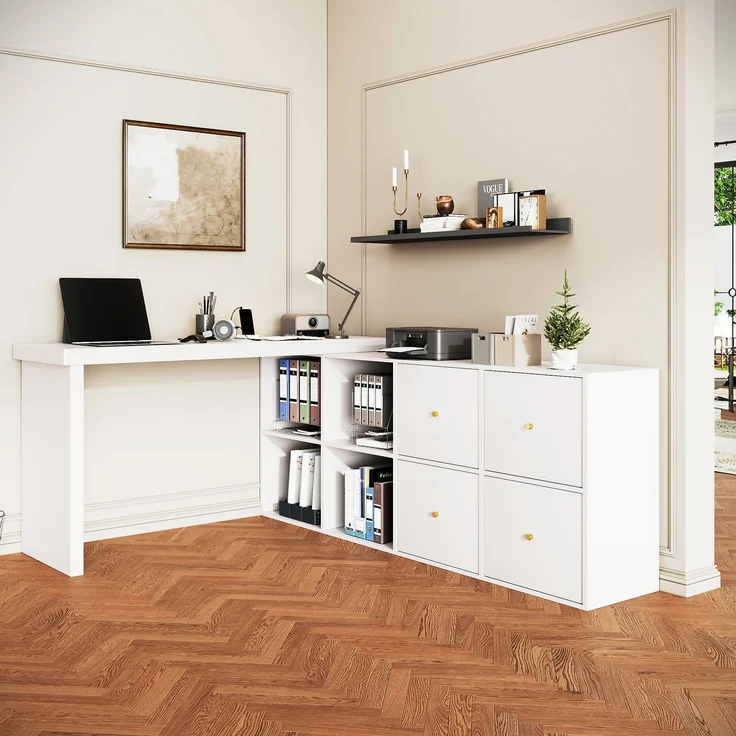 Flieks rechter Ecke 360° Drehschreibtisch, L Eckschreibtisch mit Sideboard, 4 Fächern & 4 Schubladen, 120×48×78 cm + 140×35×73.5 cm, Weiß – Bild 2
