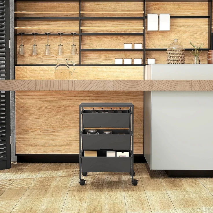 HOMCOM Servierwagen mit Rädern, 3-Lagerkörben und Stahlrahmen, (Rollwagen, 1 St, Aufbewahrungswagen), für Küche, Wohnzimmer, 40,8 x 33,5 x 60,5 cm, Schwarz – Bild 6