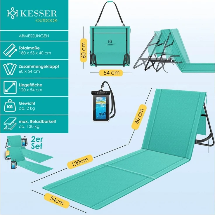 KESSER® Strandmatte klappbar mit verstellbarer Rückenlehne, Strandliege faltbar mit Tragegurt, wasserdichter Handyhülle & Aufbewahrungstasche, Sonnenliege für Strand Garten Terrasse, Liegematte 130Kg Blau, 2er Set / 50W – Bild 2